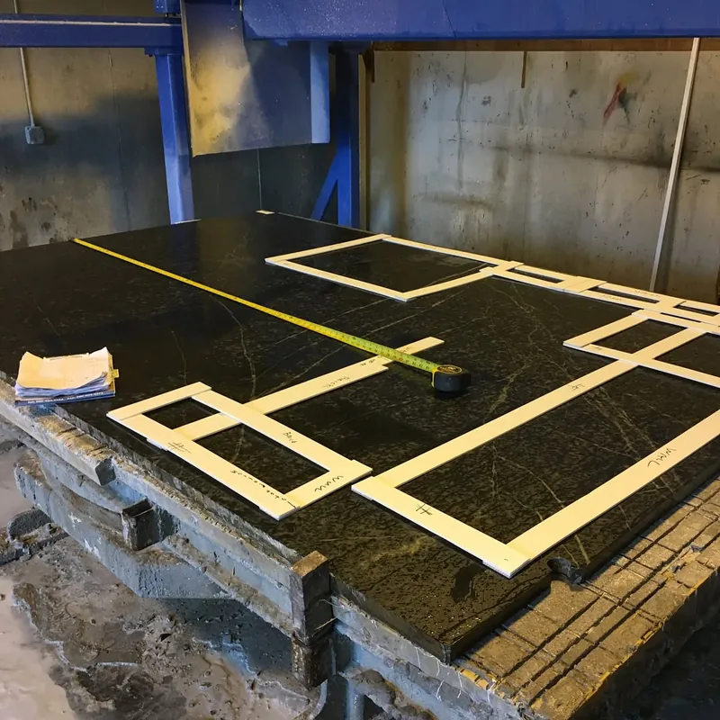 Templates laid out on a soapstone slab on the saw table before cutting